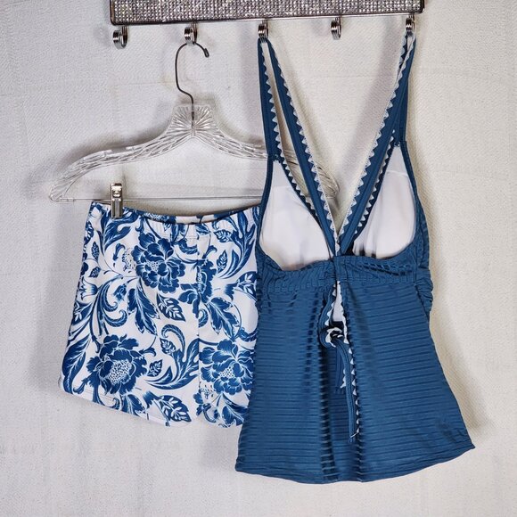 Rotita Peacock Blue Criss Cross Ties Floral Bottom Poly Span Tankini Set Size S - Picture 9 of 16